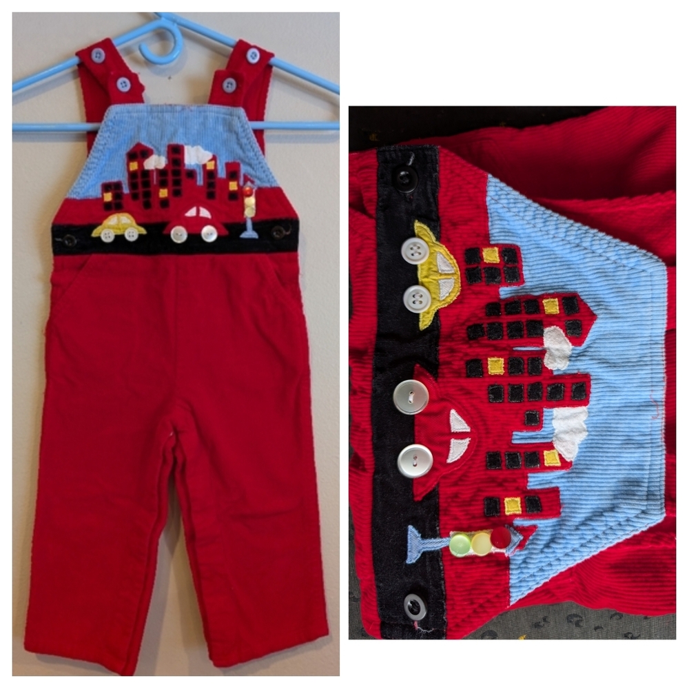 Vintage Popsicle Red Corduroy Kids Overalls Romper Cars City Design 24m Toddler